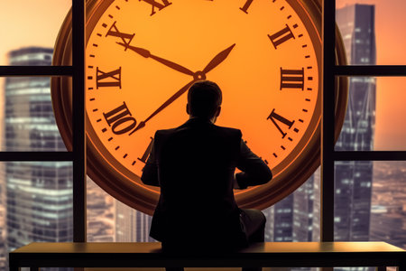 Concept of time management with man and clock. Generative AI.の素材