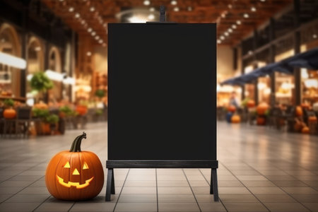 Empty blackboard sign Halloween mockup in front of a restaurant , Menu board .Generative Aiの素材