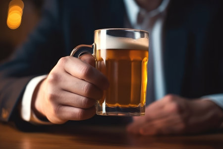 A business man holding a glass of cold beer. Generative AIの素材