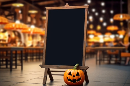 Empty blackboard sign Halloween mockup in front of a restaurant , Menu board .Generative Aiの素材