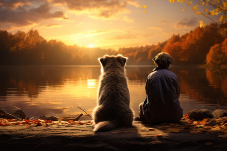 showcasing a serene scene of apet sitting by a tranquil lake, with a backdrop of vibrant autumn foliage. Generative AI.の素材