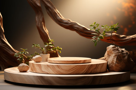 wood podium display for food, perfume, jewellery and cosmetic products on monochrome background. Generative AIの素材