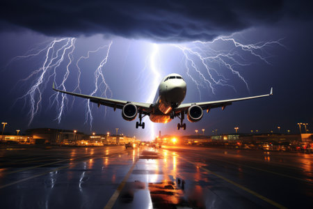 Passenger plane flies in a thunderstorm. Generate Ai.の素材