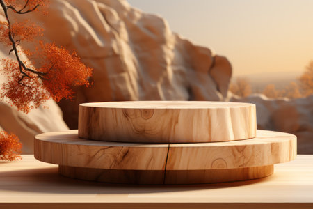 wood podium display for food, perfume, jewellery and cosmetic products on monochrome background. Generative AIの素材