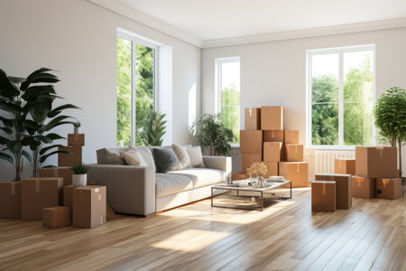 Move concept. Cardboard boxes and cleaning things for moving into a new home. Generative AIの素材