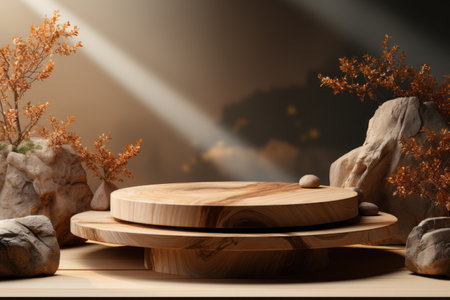 wood podium display for food, perfume, jewellery and cosmetic products on monochrome background. Generative AIの素材