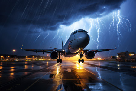 Passenger plane flies in a thunderstorm. Generate Ai.の素材