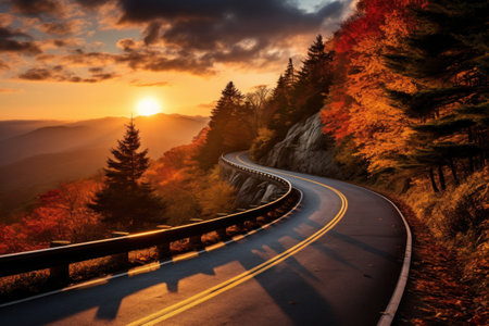 Autumn road trip. Highway in beautiful autumn landscape created with Generative AI technologyの素材