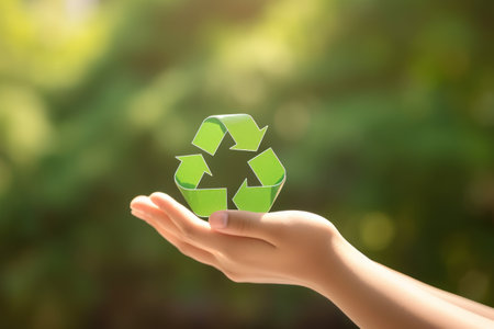 Recycle symbol on hand and bag, sustainable and eco environment concept. Generative AIの素材