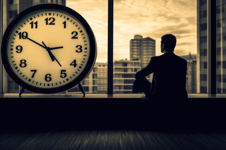 Concept of time management with man and big clock. Generative AI.の素材