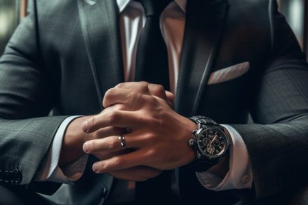 Businessman checking time from watch . generative AIの素材