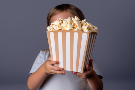 Close up on a red and white striped popcorn cup in a movie theater. Generative AIの素材