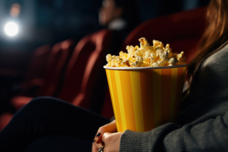 Close up on a red and white striped popcorn cup in a movie theater. Generative AIの素材