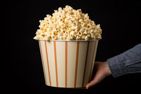 Close up on a red and white striped popcorn cup in a movie theater. Generative AIの素材