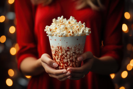Close up on a red and white striped popcorn cup in a movie theater. Generative AIの素材