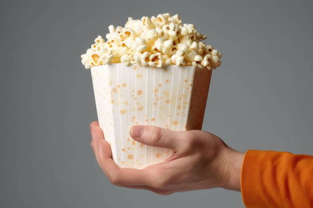 Close up on a red and white striped popcorn cup in a movie theater. Generative AIの素材