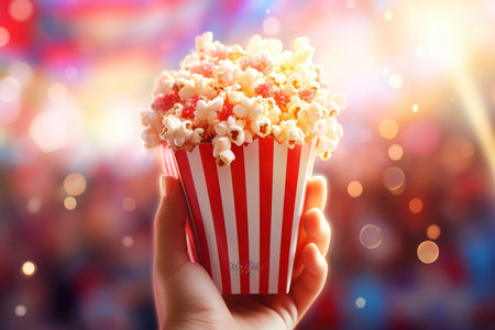Close up on a red and white striped popcorn cup in a movie theater. Generative AIの素材