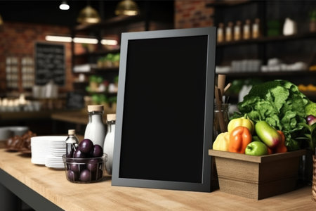 Empty blackboard sign mockup in front of a restaurant. Generative Aiの素材