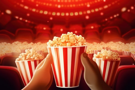 Close up on a red and white striped popcorn cup in a movie theater. Generative AIの素材