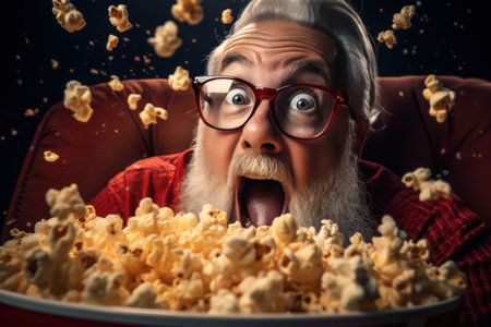 Close up on a red and white striped popcorn cup in a movie theater. Generative AIの素材