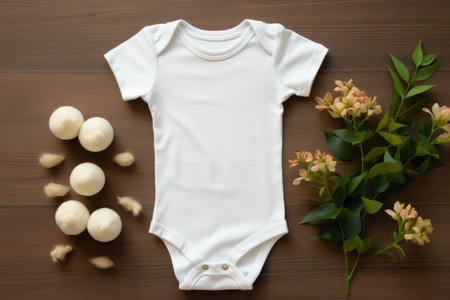baby short sleeve bodysuit mockup in minimal interior. newborn bodysuit. Generative AIの素材