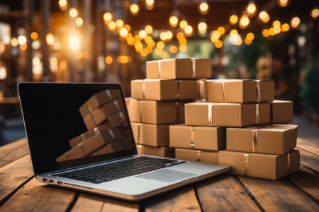 A large clean warehouse with shelves, cardboard boxes and products. Generative AIの素材