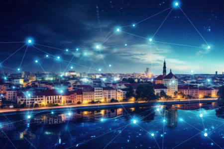 Smart city and big data concept. Futuristic cityscape at night. Generative AIの素材