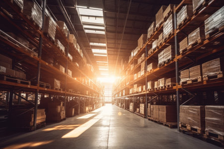 boxes placed on warehouse racks for a logistics . Generative Ai.の素材