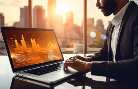 Businessman working on laptop computer with global investment. . Generative AIの素材