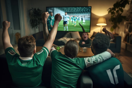 Group of Soccer Fans Cheering Screaming Raising Hands. Generative AI.の素材
