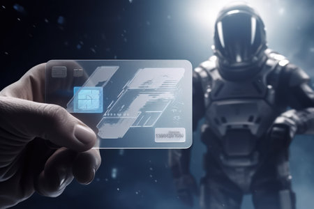 hand holding virtual, transparent business card. Genarative ai.の素材