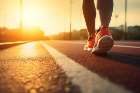 person feet with running shoe on a sport race track, Generative AI.の素材