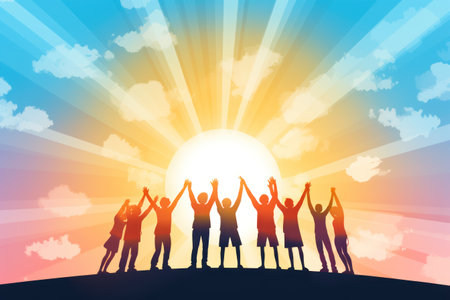 Simple illustration of a group of people holding hands, forming a circle of support and solidarity generative ai.の素材