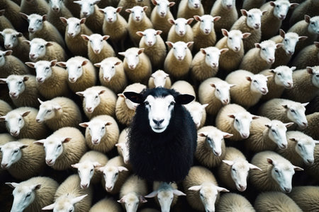A flock of white sheep with black in the middle. generative AI.の素材