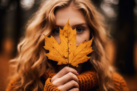young woman hold autumn leaf at a park in the fall. Generative AI.の素材