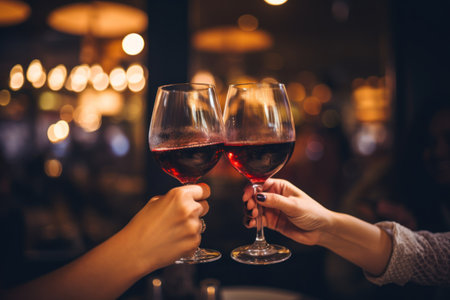 Close up of hands toasting wine at party, Generative AI.の素材