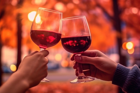 A glass of red wine beverage on a autumn falling foliage . generative ai.の素材