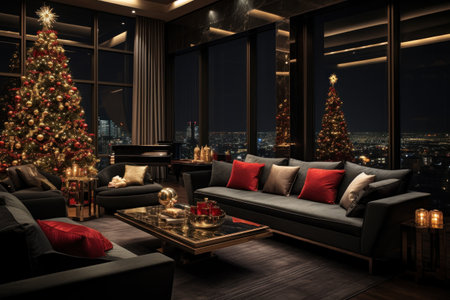 interior of a luxury living room during Christmas. Generative AI.の素材