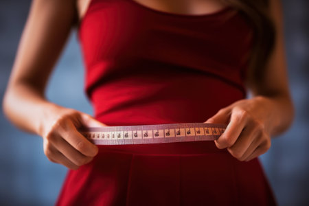 hands measuring waist with a tape. Fit and healthy woman. Generative Ai.の素材