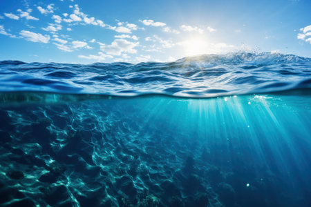 Water surface texture is defocused blurring transparent blue in color. Trendy abstract background of nature Generative AI.の素材
