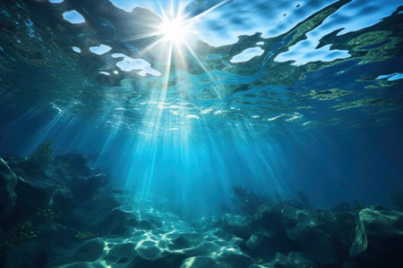 Water surface texture is defocused blurring transparent blue in color. Trendy abstract background of nature Generative AI.の素材