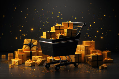 A stack of gift boxes in gold paper, offering copy space for Christmas or Black Friday .AI Generated..の素材