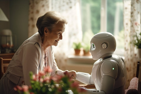 futuristic robot taking care of grandma, concept of helping the elderly, generative AI.の素材