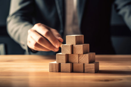 Businessman hand arranging wooden block . concept growth success process. Generative Ai..の素材
