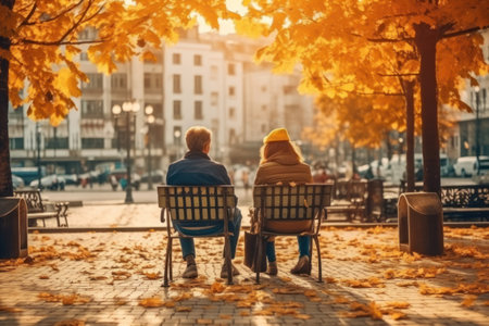 Back view of person sitting on a bench in an autumn park, Generative AI.の素材