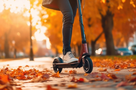 Man Riding Electric Scooter Outdoors. Generative AI.の素材