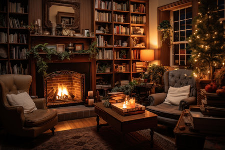 Christmas tree with fireplace in living room. generative AI.の素材