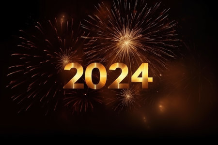 Happy New Year 2024 party celebration with fireworks. Generative AI.の素材