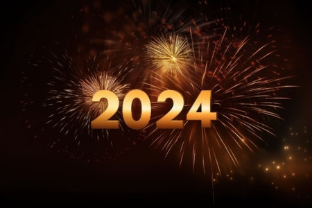 Happy New Year 2024 party celebration with fireworks. Generative AI.の素材
