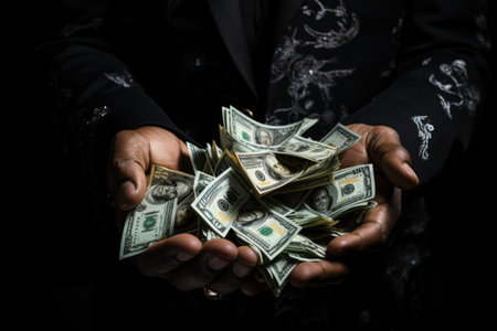 Businessman hands holding a lots of money as financial investor. Generative AI.の素材